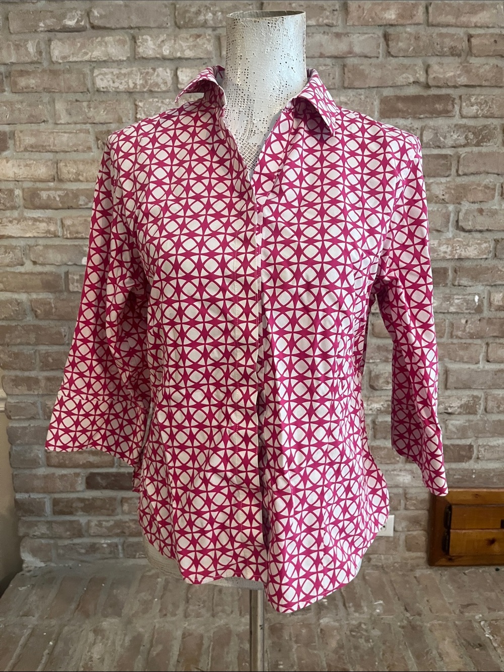 Chico's Pink and White Geometric Button-Down Shirt